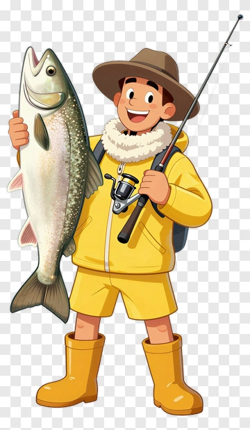 Cartoon Fisherman Holding A Large Fish PNG