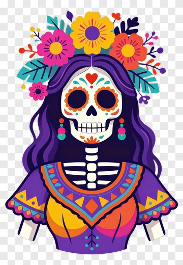 Colorful Skeleton Woman With Floral Headpiece PNG
