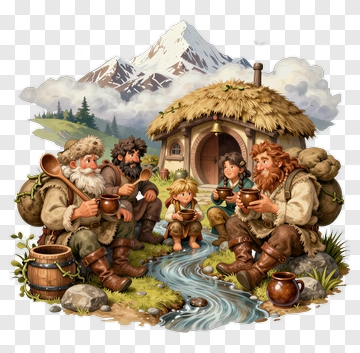 Fantasy Family Of Gnomes Enjoying A Meal By The Stream PNG
