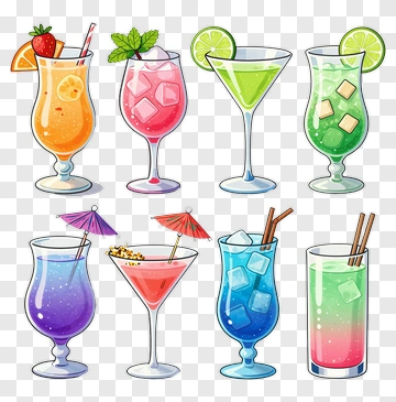 Colorful Cocktail Drinks In Various Glasses PNG