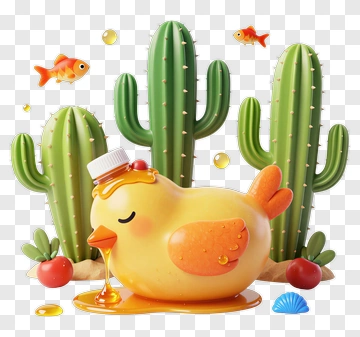 Cartoon Chick With Cactus And Goldfish PNG