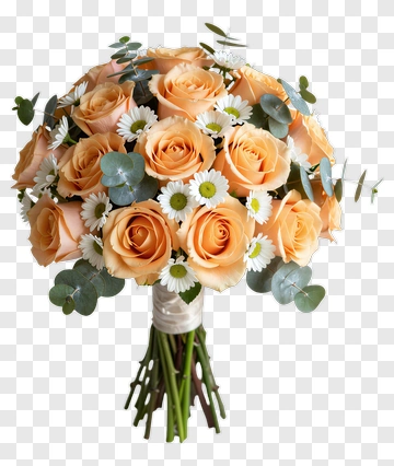 Peach Rose Bouquet With Eucalyptus And Daisies PNG