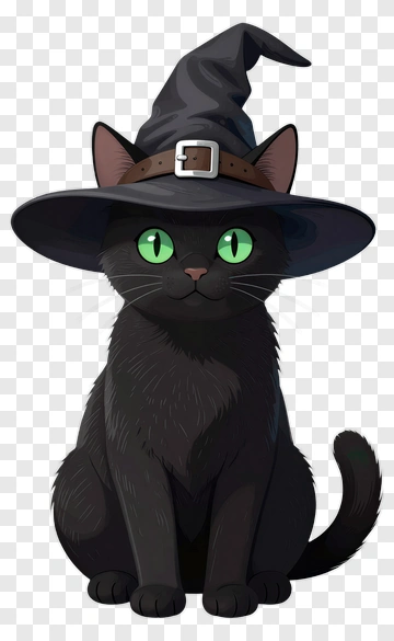 Cartoon Black Cat Wearing A Witch Hat PNG
