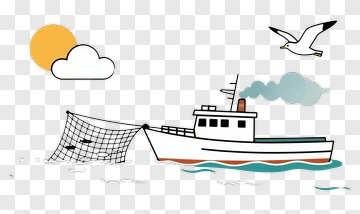 Fishing Boat On Water With Seagull And Sun PNG