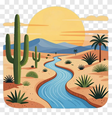 Desert Landscape With River And Cacti PNG