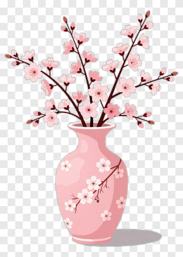 Pink Vase With Cherry Blossom Branches PNG