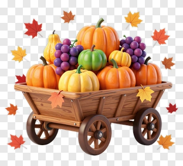 Colorful Pumpkin Cart With Grapes And Autumn Leaves PNG