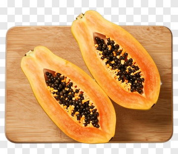 Papaya Halves On A Wooden Cutting Board PNG