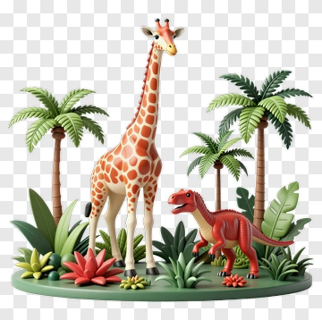 Giraffe And Dinosaur In A Tropical Environment PNG
