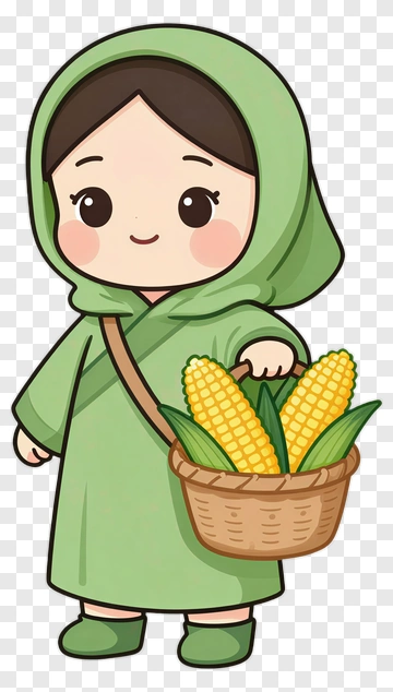 Cartoon Girl Holding A Basket Of Corn PNG
