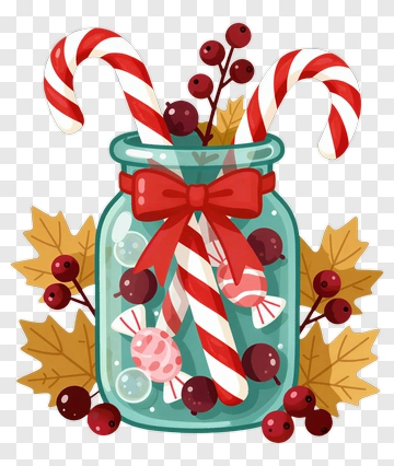 Candy Jar With Peppermint Sticks And Berries PNG