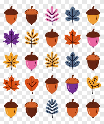 Colorful Acorns And Leaves Pattern PNG