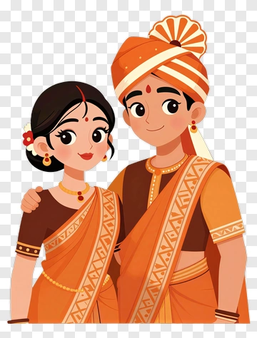 Cartoon Indian Couple In Traditional Attire PNG