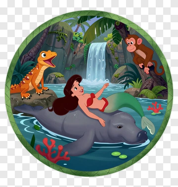 Mermaid Riding A Manatee In A Jungle Scene PNG