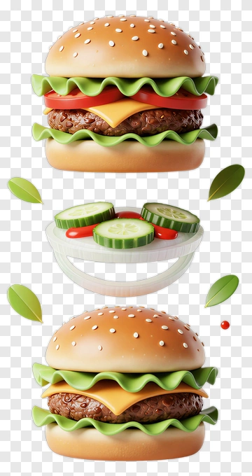 3D Hamburger With Vegetables And Toppings PNG