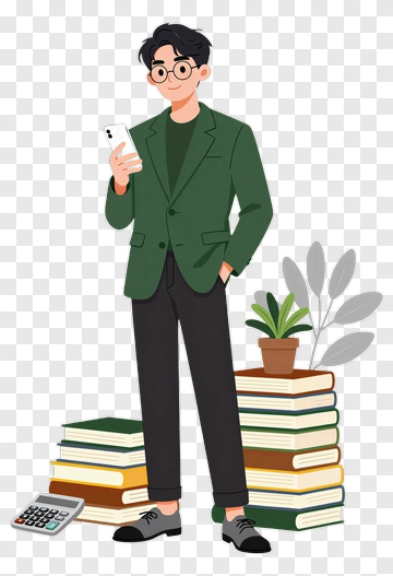 Student Holding A Phone Next To Stacked Books PNG