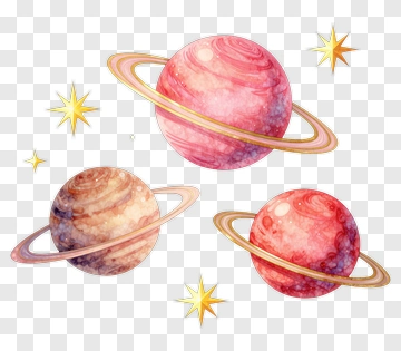 Watercolor Planets With Rings And Stars PNG