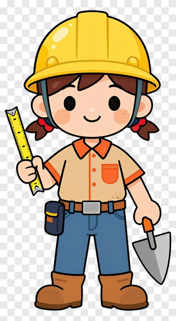 Cartoon Girl Construction Worker Holding A Ruler And Trowel PNG