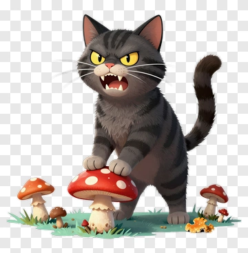 Cartoon Cat Standing On A Mushroom PNG