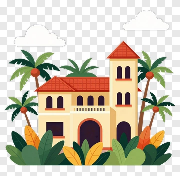 Colorful Tropical House Surrounded By Palm Trees PNG
