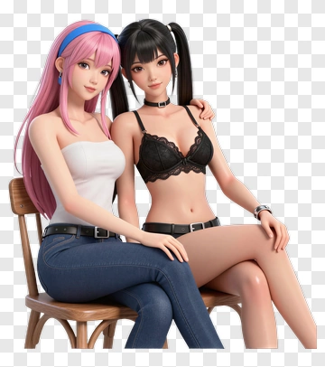 Stylized Characters Sitting Together PNG