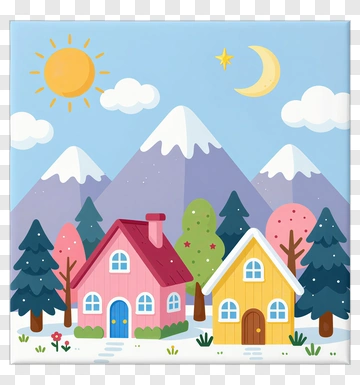 Colorful Cartoon Houses In A Mountain Landscape PNG
