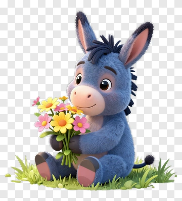 Cartoon Donkey Holding A Bouquet Of Flowers PNG