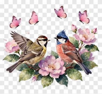 Colorful Birds And Flowers With Butterflies PNG