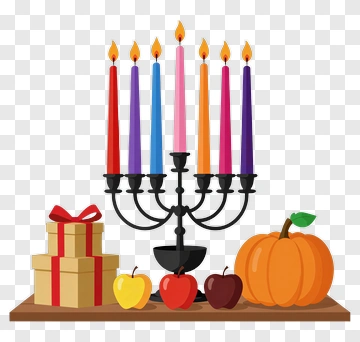 Hanukkah Menorah With Gifts And Fruits PNG