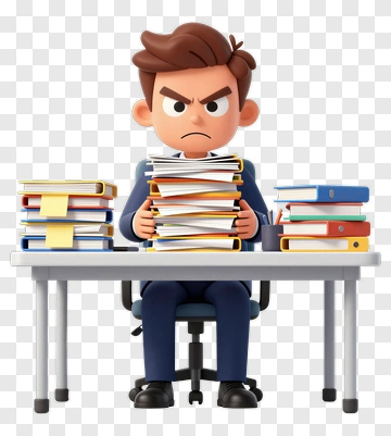 Frustrated Businessman Sitting At A Desk With Stacked Papers PNG