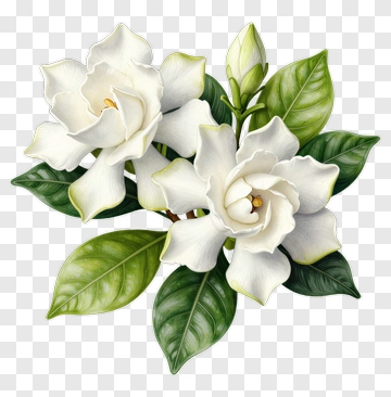 White Gardenia Flowers With Green Leaves PNG