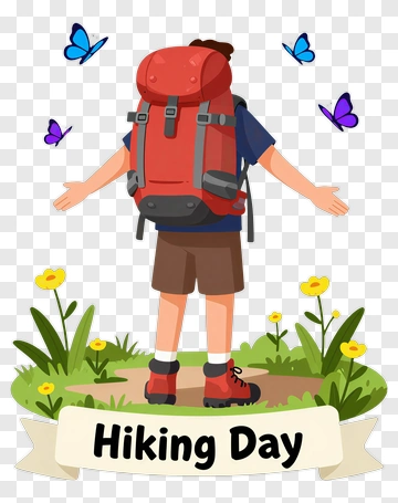 Hiking Day Illustration With Backpack And Flowers PNG