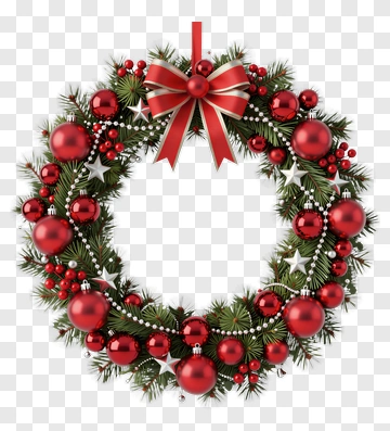 Christmas Wreath With Red Ornaments And Bow PNG