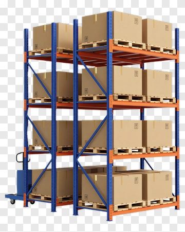 Warehouse Storage Rack With Cardboard Boxes PNG