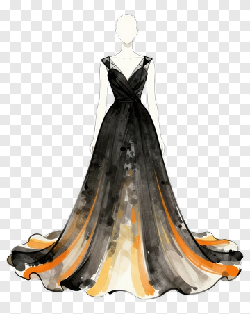 Elegant Black And Orange Evening Dress Design PNG