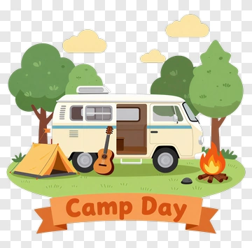 Camp Day With Camper Van And Campfire PNG