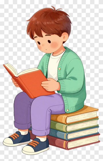 Boy Reading A Book While Sitting On A Stack Of Books PNG