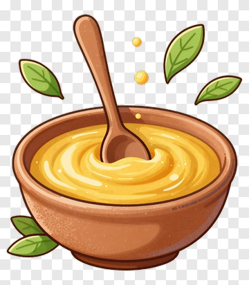 Bowl Of Yellow Soup With Spoon And Leaves PNG