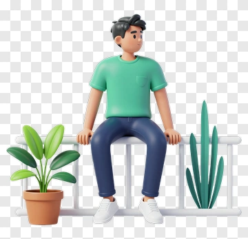 3D Young Man Sitting On A Fence With Plants PNG