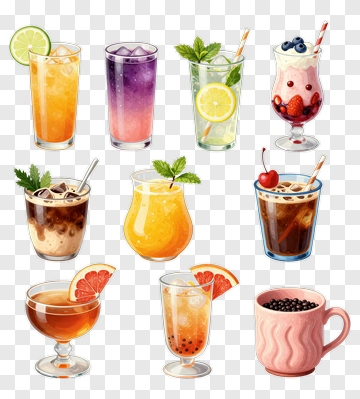 Colorful Drinks In Various Glasses PNG