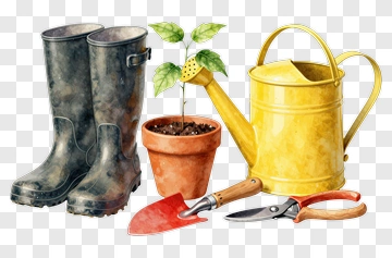 Gardening Tools With Plant And Watering Can PNG