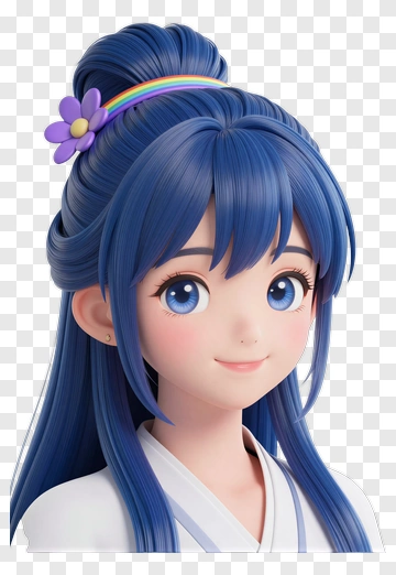 3D Cartoon Girl With Blue Hair And Flower Hairpin PNG