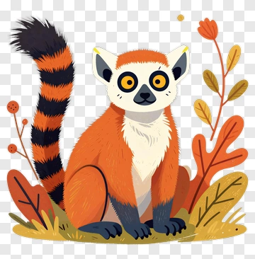 Cartoon Lemur Sitting Among Colorful Plants PNG