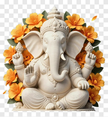Elegant Ganesha Statue Surrounded By Flowers PNG