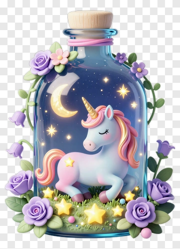 3D Unicorn In A Bottle With Flowers And Stars PNG