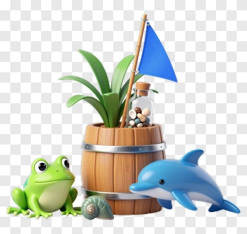 Cartoon Frog And Dolphin Beside A Wooden Barrel PNG