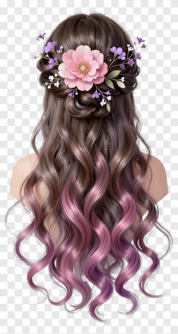 Wavy Hair With Floral Accessories PNG