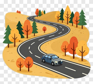 Winding Road Through Autumn Landscape With Car PNG