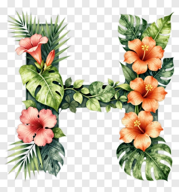 Floral Letter H With Tropical Plants And Flowers PNG