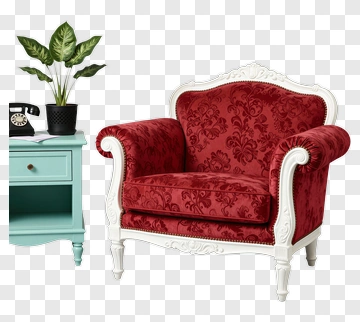 Red Velvet Armchair With Side Table And Plant PNG